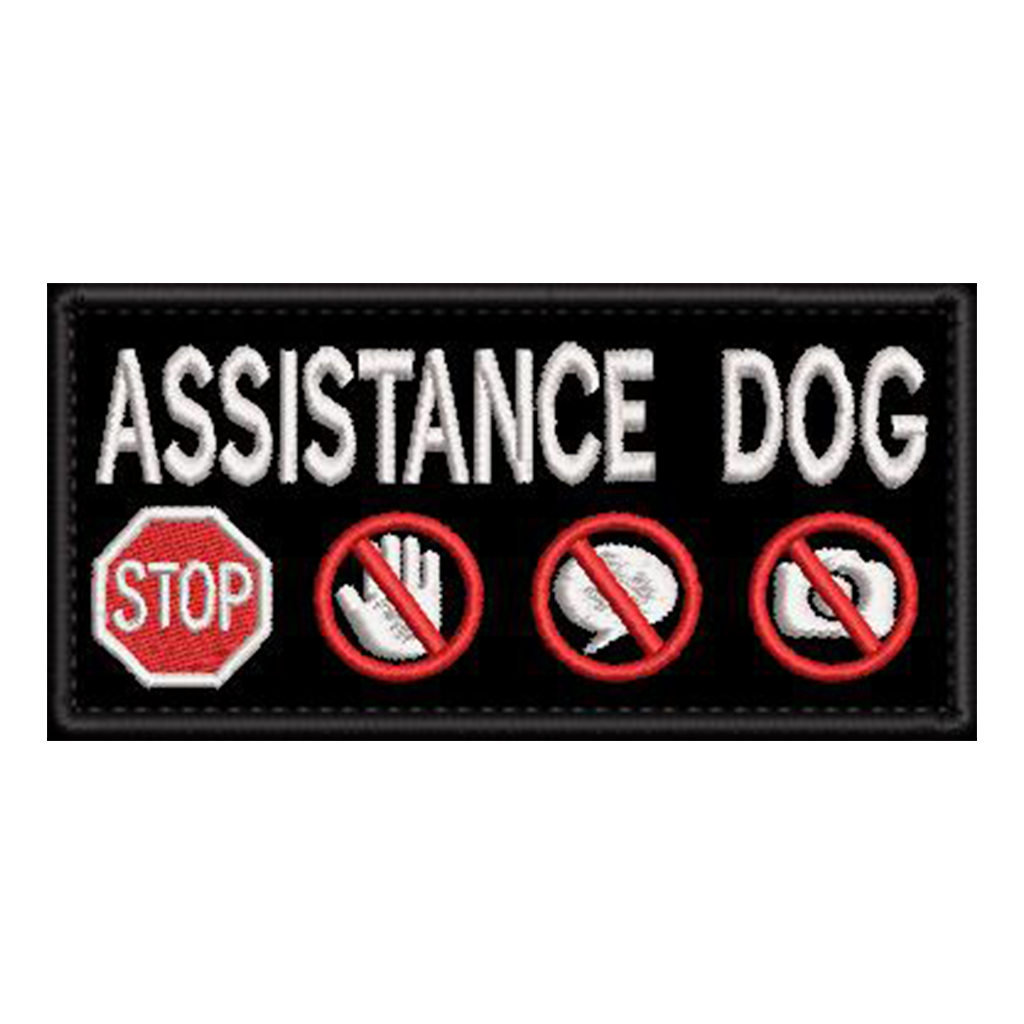 Assistance Dog Stop with 3 symbols embroidered patch - Size 100mm x 50mm