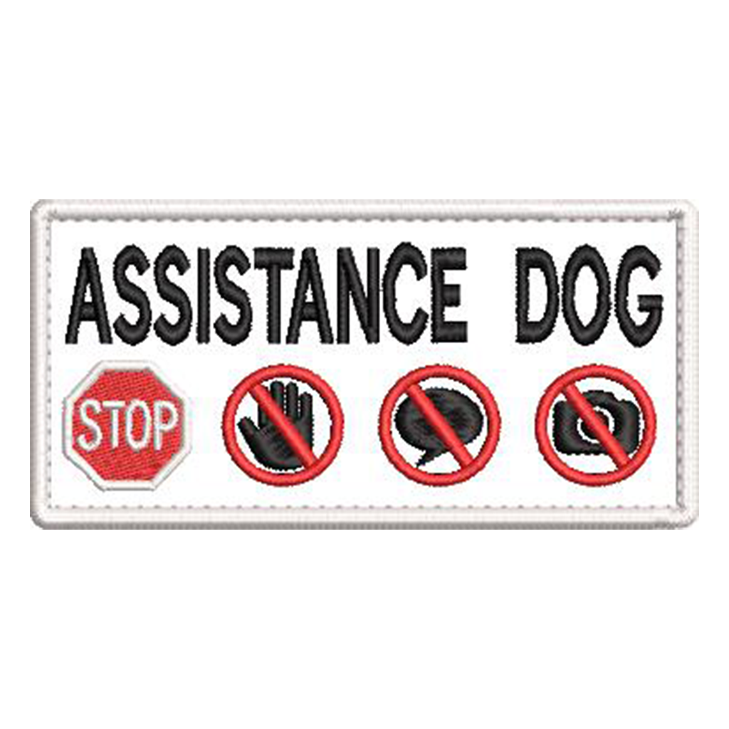 Assistance Dog Stop with 3 symbols embroidered patch - Size 100mm x 50mm