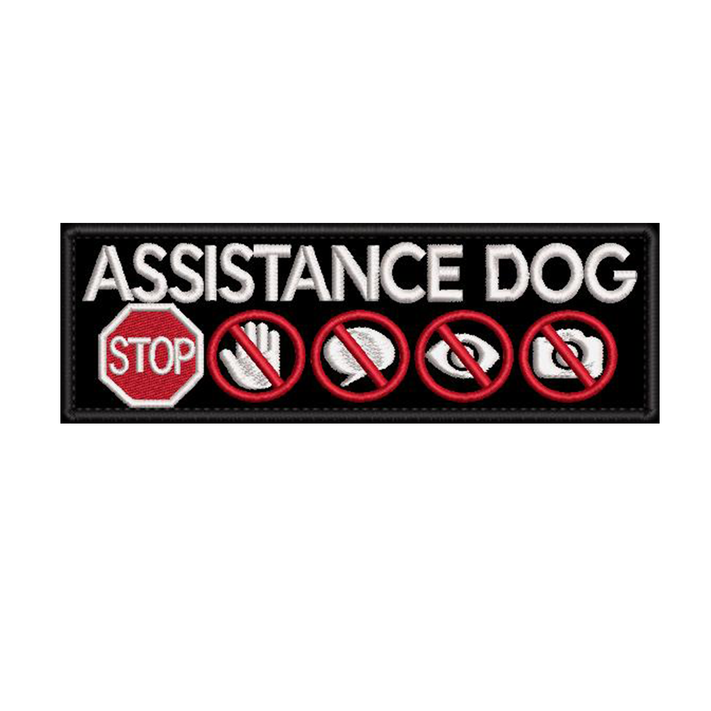 Assistance Dog STOP and 4 symbols embroidered patch Size 150mm x 50mm