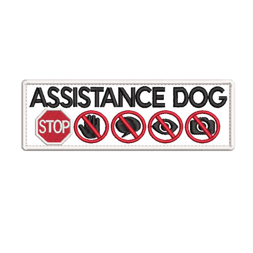 Assistance Dog STOP and 4 symbols embroidered patch Size 150mm x 50mm